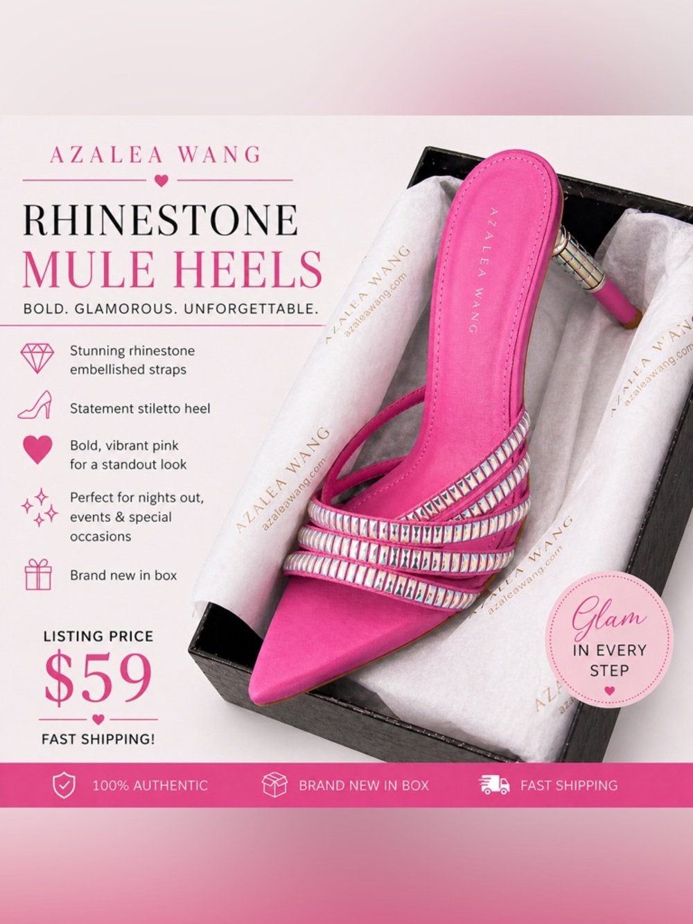 New in box 🌸 Azalea Wang Pink Rhinestone Strap Mules✨